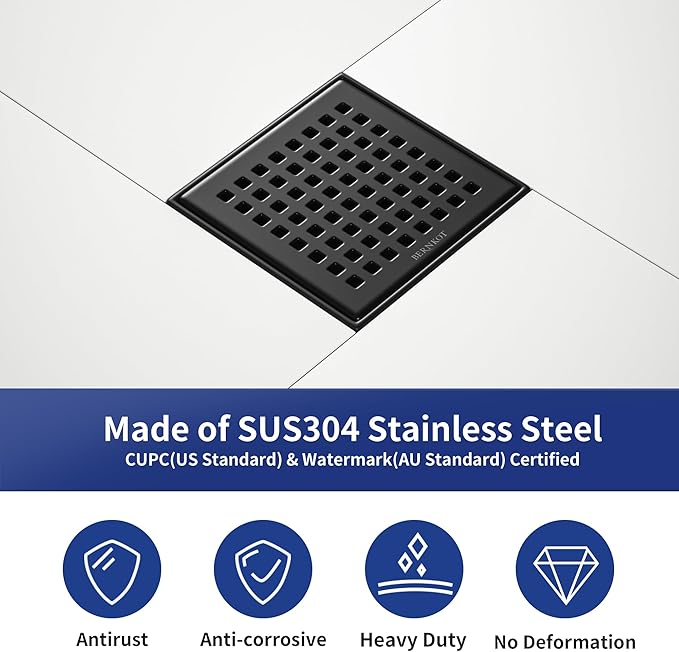 Square Shower Drain 4", 304 Stainless Steel Floor Drain w/Hair Strainer, Grid Shower Drain w/CUPC Certified (Matte Black, 4 Inch)