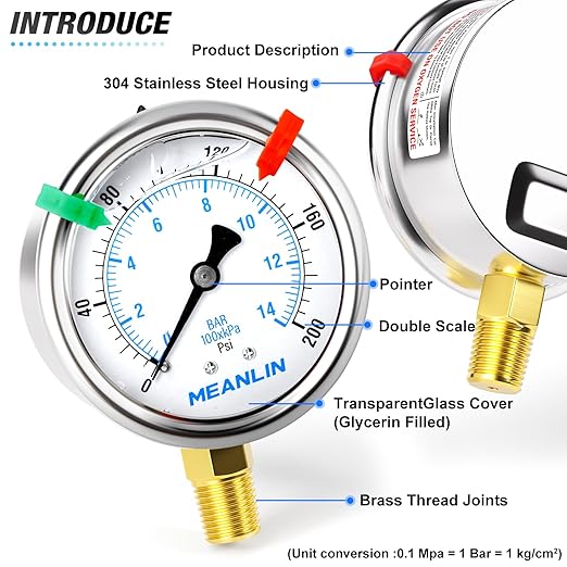 MEANLIN MEASURE 0~200Psi Liquid Filled Pressure Gauge 1/4" NPT 2.5" FACE DIAL Stainless Steel Glycerin Filled WOG Water Oil Air Lower Mount (with 2PCS Snaps)