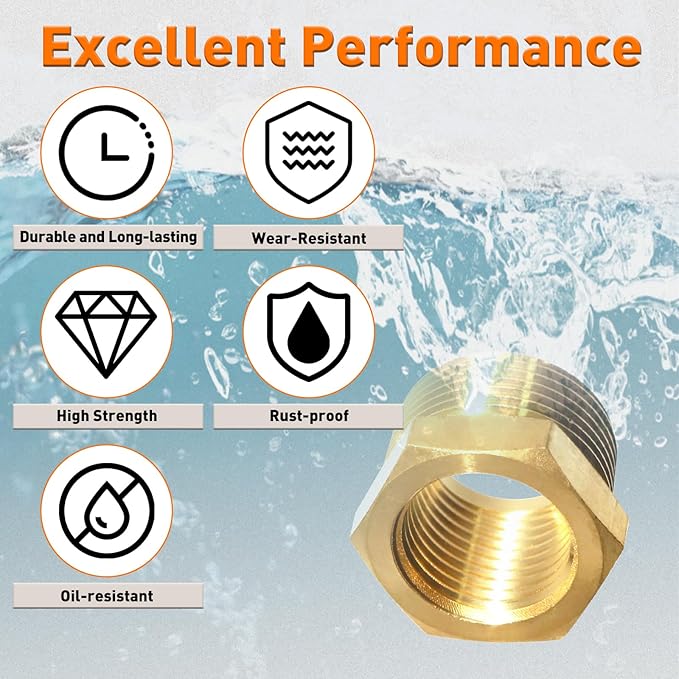(Pack of 4) Brass Solid Reducer Hex Bushing, Heavy Duty 3/4" NPT Male to 1/2" NPT Female Threaded Pipe Air Hose Fitting Reducer Adapter for Plumbing & Hydraulics Gas Systems