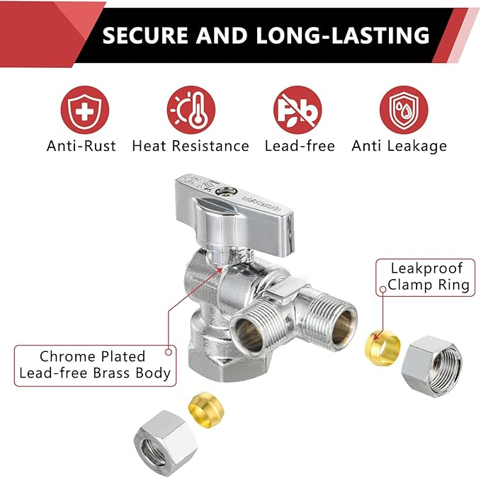 (Pack of 2) EFIELD Dual Compression Outlet,1/4-Turn Angle Stop Valve,1/2" Fip Iron Pipe x (3/8 inch x 3/8 inch),Chrome Plated Brass,(VALVE209)