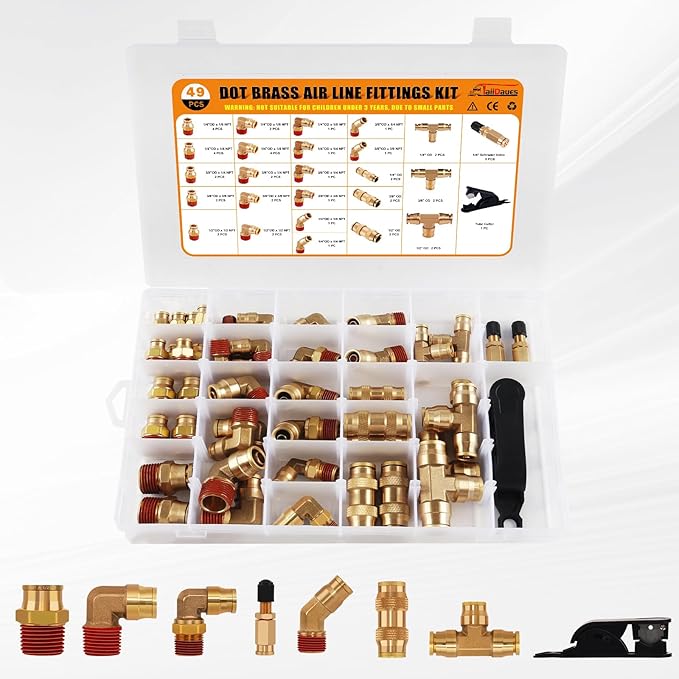 49 Pcs Brass DOT Air Line Fittings Assortment 1/8" 1/4" 3/8" 1/2" Air Line Quick Connect Push to Connect Air Hose Fittings Repair Kit for DOT Air Line Peumatic Tubing