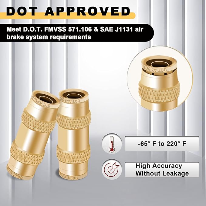 Siptenk 3/8 Air Brake Line Fittings 5PCS, DOT Brass Straight Union 3/8" OD Tube Air Line Quick Connect Fittings Push-to-connect Fittings for Truck Trailers Industry Air System