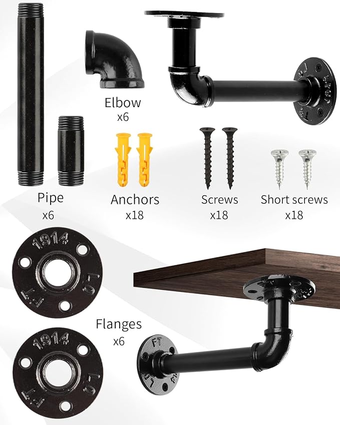 MUZIK Black Shelf Brackets, 24 Pack L Pipe Floating Shelf Bracket, Heavy Duty Wall Mount Supports, Industrial Vintage Iron Finish DIY Pipe Shelving (7*4 Inch)