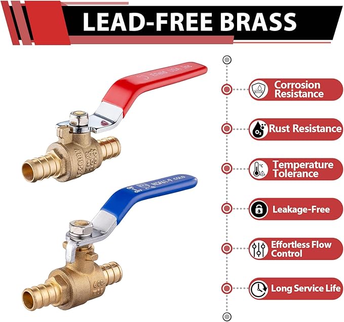 6-Pack EFIELD 1/2 Inch Pex Brass Full Port Shut-off Ball Valve for Hot and Cold Water,Potable Water, Pex Barb Crimp Connection,(VALVE182)