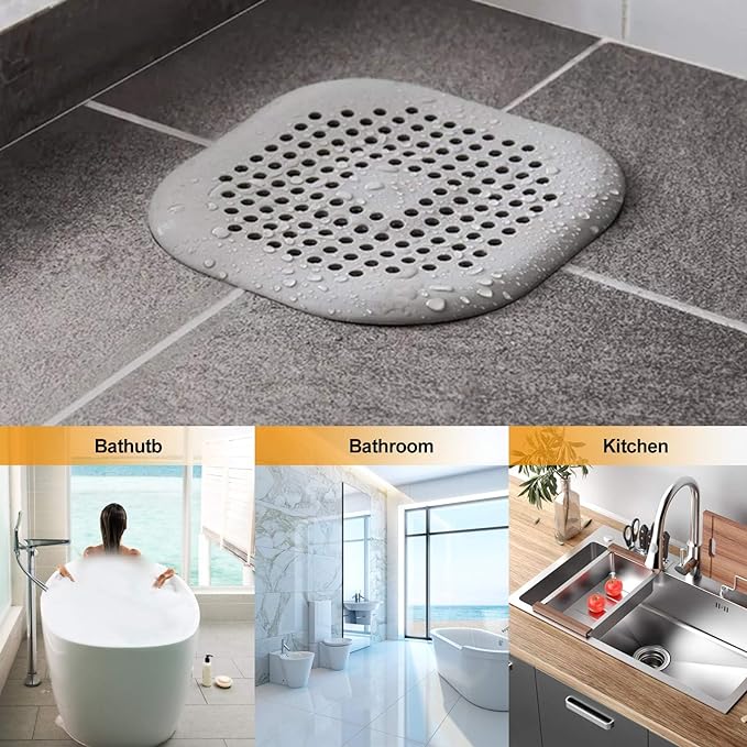 Hair Drain Catcher,Square Drain Cover for Shower Silicone Hair Stopper with Suction Cup,Easy to Install Suit for Bathroom,Bathtub,Kitchen 4 Pack (Aluminium Grey)