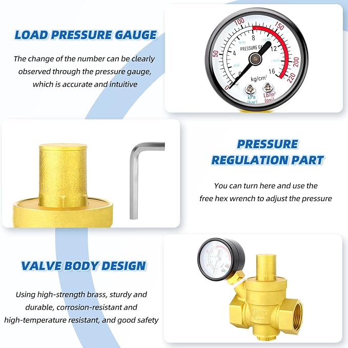 MEANLIN MEASURE 1/2 inch brass Water pressure regulating valve, pressure regulating valve, pressure reducing valve, DN15, with 0-220PSI pressure gauge