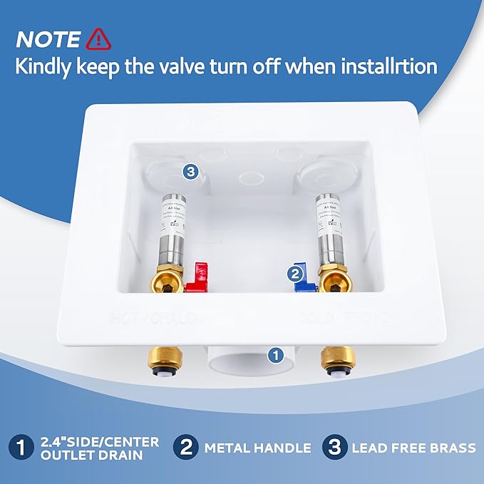 Premium Washing Machine Outlet Box, with Stainless Steel Water Hammer Arrestor, 1/2" Push-Fit x 3/4" MHT, Laundry Washer Valve Outlet Box with Clear Text Instructions