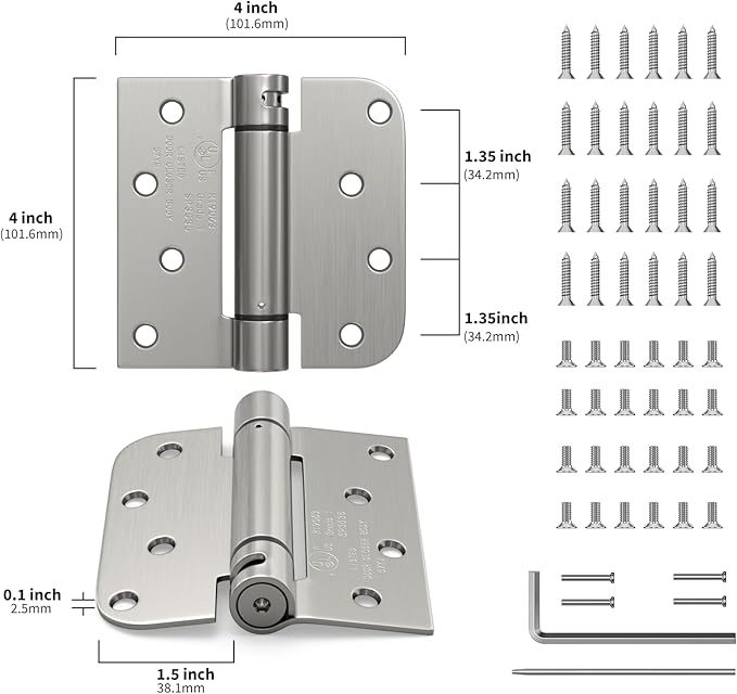goldenwarm 6pack Satin Nickel Brushed Door Hinges 4 Inch Self Closing Spring Door Hinge with Square & 5/8" Radius Corners - Adjustable Door Closing, Residential & Heavy-Duty Hardware