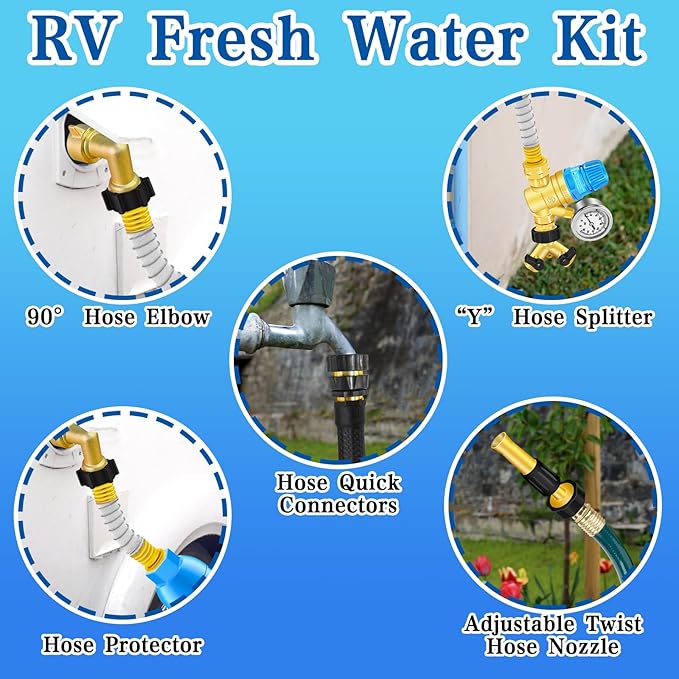 Water Pressure Regulator Filter Kit, with 2 Inline Water Filters (NSF Certified), Hose Splitter, Brass Elbow, Sprayer, Flexible Connector, Hose Quick Connects, RV Fresh Water Kit, Great for RV Camper