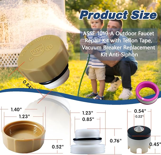 ASSE 1019-A Outdoor Faucet Repair Kit with Teflon Tape, Vacuum Breaker Replacement Kit Anti-Siphon Frost-Free Hose Bib Sillcock Valve Replacement（1 Pack）