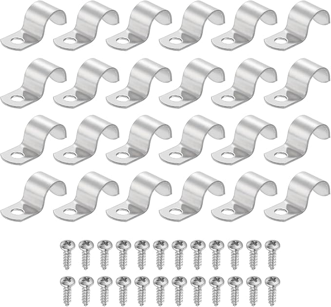 uxcell 24Pcs 14mm(9/16") One Hole Rigid Pipe Strap, 304 Stainless Steel Conduit Clamp Thicken U Bracket Heavy Duty Pipe Clamp with Self-Tapping Screws for Fixing Tube Cable, Silver