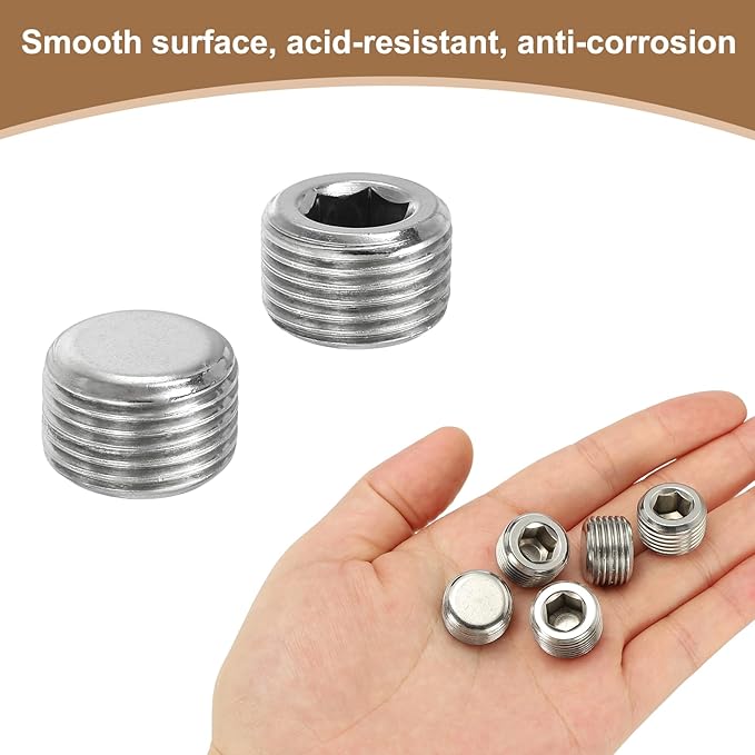 Pipe Plug Stainless Steel Internal Hex Thread Socket Pipe Plug Fitting - Fitting for (Sealing Port - Air Tanks - Water Outlets) 3/8 Inch NPT Male & 6 Pack