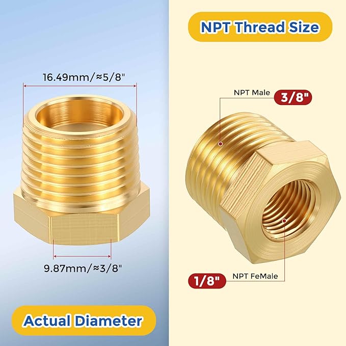 4 Pack Brass Pipe Fittings, 3/8" NPT Male to 1/8" NPT FeMale Brass Hex Bushing Reducer, Hose Tube Threaded Adapter for Air, Oil, LP