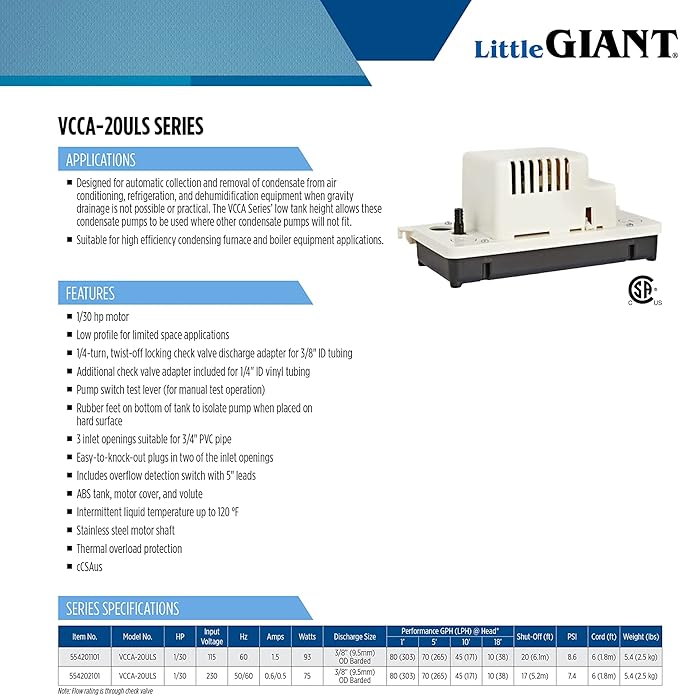 Little Giant VCCA-20ULS 115-Volt, 60 Hz, 1/30 HP, 80 GPH Low-Profile Automatic Condensate Removal Pump with Safety Switch, White/Black, 554201101