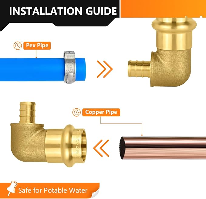 40-Pack HeSun Copper Press Fitting Elbow, 3/4" PRESS X 1/2" PEX F1807 Crimp Elbow, LF Brass