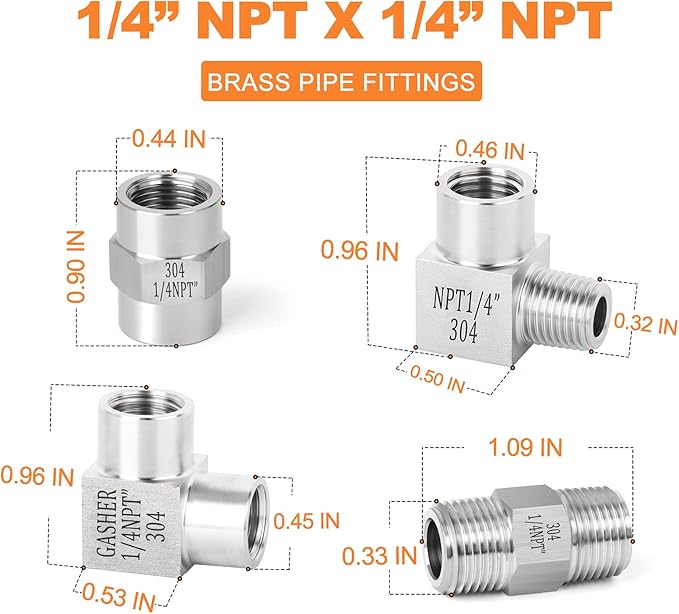 GASHER 4pcs Stainless Steel Pipe Fitting 90 Degree Barstock Street Elbow, 1/4 Inch NPT Male Pipe to 1/4 Inch NPT Female Pipe
