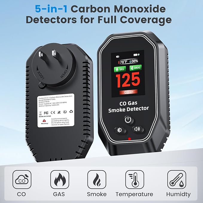 6-in-1 Portable Carbon Monoxide Detectors Plug in, MODOFO TOOL Smoke and Carbon Monoxide Detector with Built-in Battery, Natural Gas Leak Detector, HD Display for CO Gas Smoke Temp Humidity Black 2Pcs