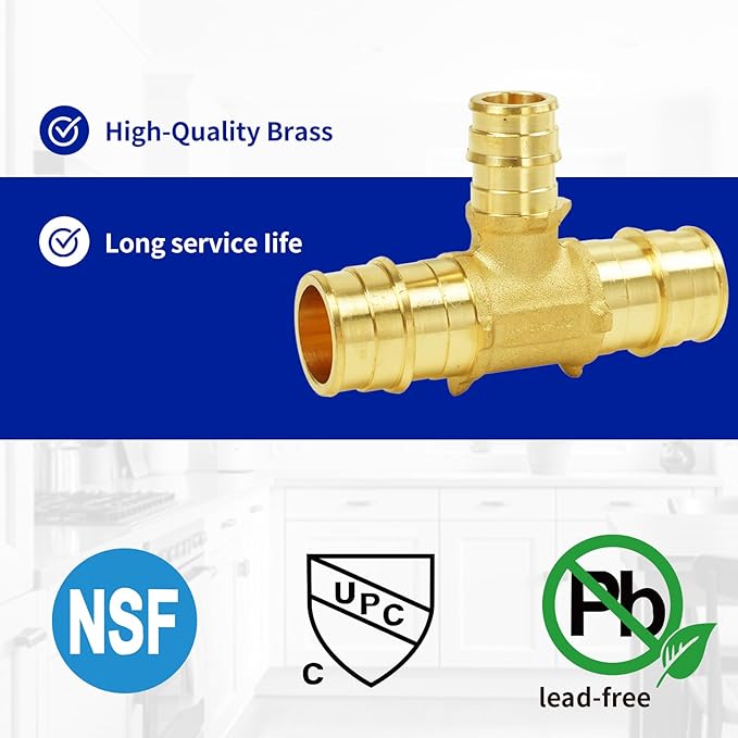 (Znkiok 10Pack) Pex A Expansion Fittings,3/4"x1/2"PEX-A Coupling,Long Service Life,Lead-Free Brass,NSF,UPC,ASTM F1960. (3/4"x3/4"x1/2"PEX-A Tee-10Pack)