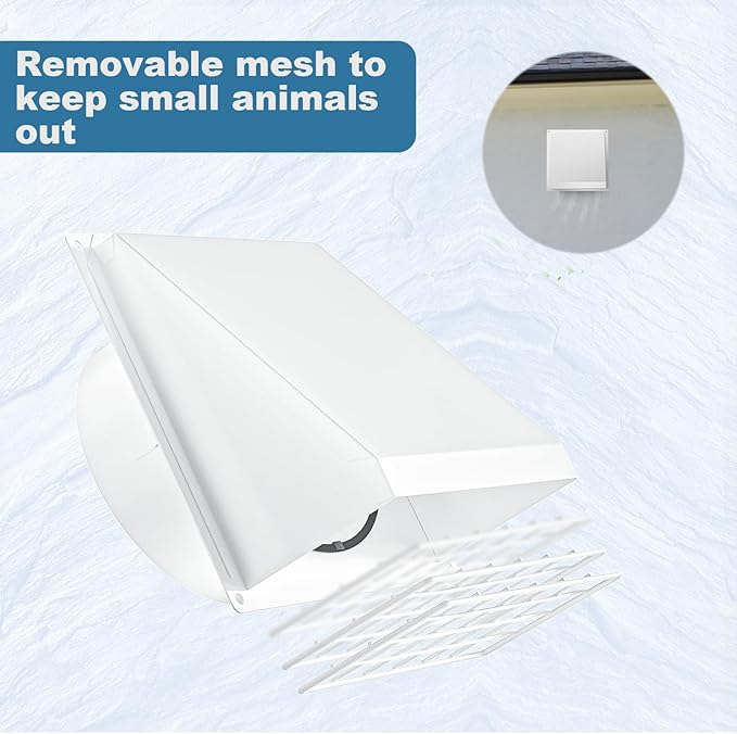 Hon&Guan Dryer Vent Cover Outside with Removable Mesh, Wall Mount Extractor Vent with Rubber Cushioned Non-Return Flap, Metal Outside Dryer Vent Cover for House (White, 4 Inch)