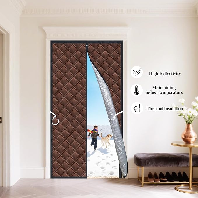 gulrear 38"x83" 3-Layer Thermal Door Insulation Curtain & Temporary Door Insulation Cover for Winter with Reflective Aluminum Foil – Blocks Cold and Heat,Magnetic Curtain for Easy Entry and Exit