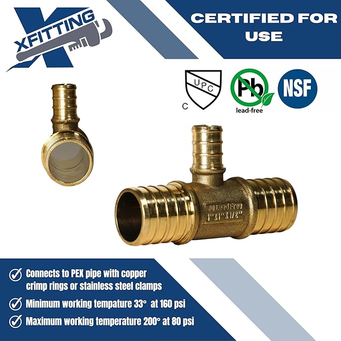 XFITTING 1 inch X 1 inch X 1/2 inch Pex Tee - Pex B Pipe, Crimp Fittings, Brass, 10 Pieces