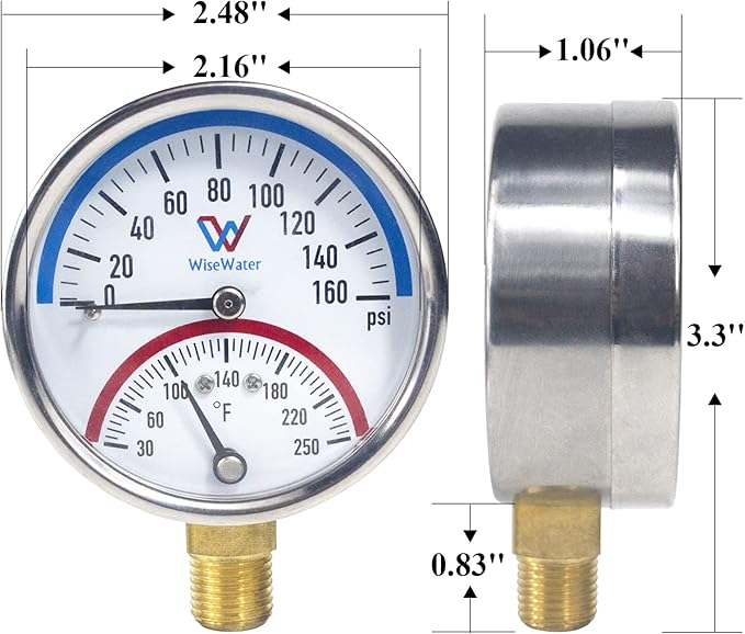 WiseWater 1'' NPT Stainless Steel Ball Valve with Strainer Mesh Filter, PEX Manifold Ball Valve with 2.48'' Hot Water Thermometer and Pressure Gauge for Radiant Floor Heat PEX Manifold Loops