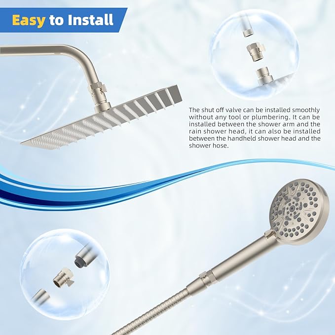 Hibbent All Metal 3 Pack Shower Head Flow Control Valve, G1/2 Brass Shut-off Valve with Metal Handle Lever, Shut OFF Water Flow Control Regulator for Handheld Shower, or Bidet Sprayer, Brushed Nickel