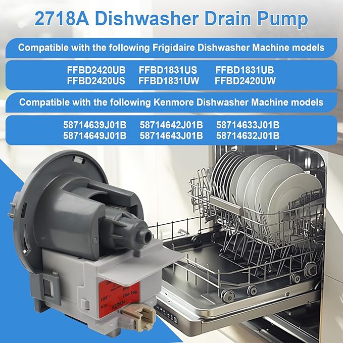 2718A Dishwasher Drain Pump for Frigidaire 5304519271 Compatible with Frigidaire Kenmore Electrolux Ikea Dishwasher Machine Replace 4920459 AP6834625 PS12705674 EAP12705674 120V 60Hz 0.7A