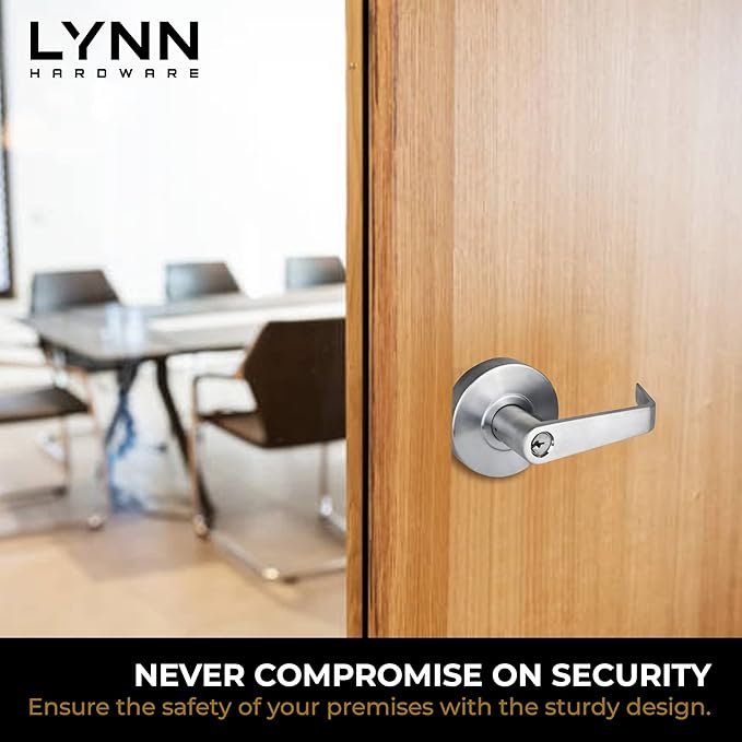 LYNN HARDWARE Commercial Door Lever Lock - Heavy-Duty Locking Door Handle, Designer Door Handles, Cylindrical Lever Lock, Non-Handed Grade 2 Door Handle, Satin Chrome, Entrance(Keyed Alike)