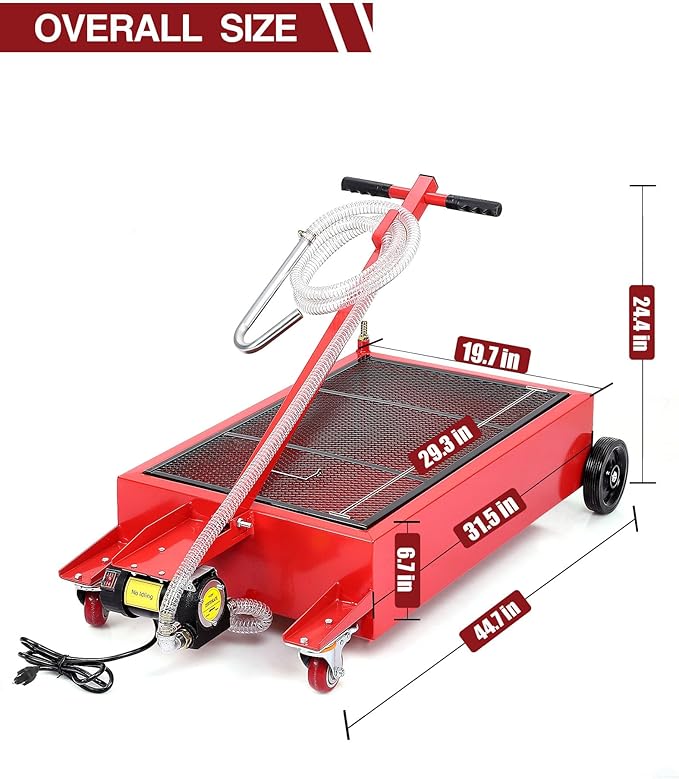 Low Profile Oil Drain Pan, 20 gal Electric Oil Drain Pan with Pump 110V Electric Pump, 8 ft Hose & Folding Handle, Rolling Cart for Cars, Trucks, Buses, RVs
