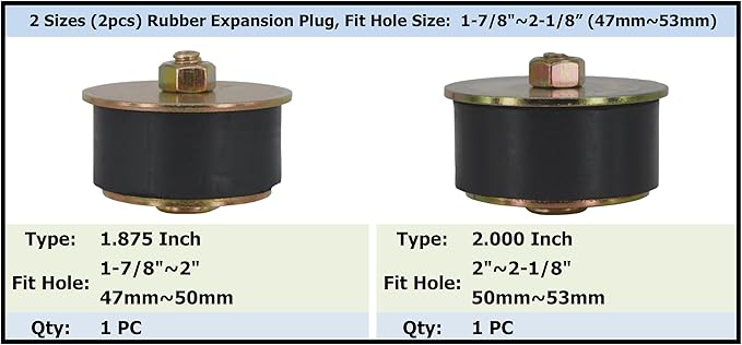 2 Sizes (2pcs) Rubber Expansion Plug, Fit Hole Size: 1-7/8"~2-1/8” (47mm~53mm) Automotive Rubber Freeze Plug