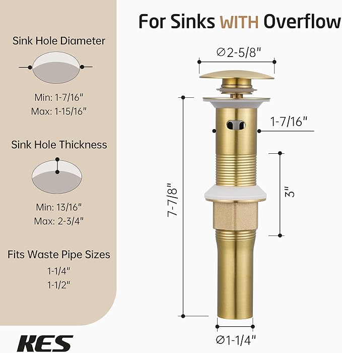 KES All Metal Bathroom Sink Drain with Strainer Basket Hair Catcher Anti Clog Pop Up Drain Stopper for Vanity Vessel Sink with Overflow, Rustproof 18/8 Stainless Steel Brushed Gold, S2013A-BZ