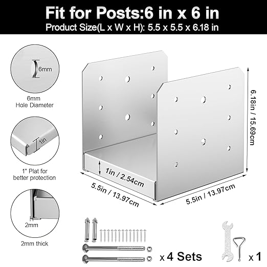 6"x 6" Post Base, 4Pcs Stainless Steel Adjustable Post Anchor Bracket(Internal 5.5 x 5.5), Adjustable Post Base for Pavilion Deck Porch Handrail Railing Support Decorative Anchor Plate