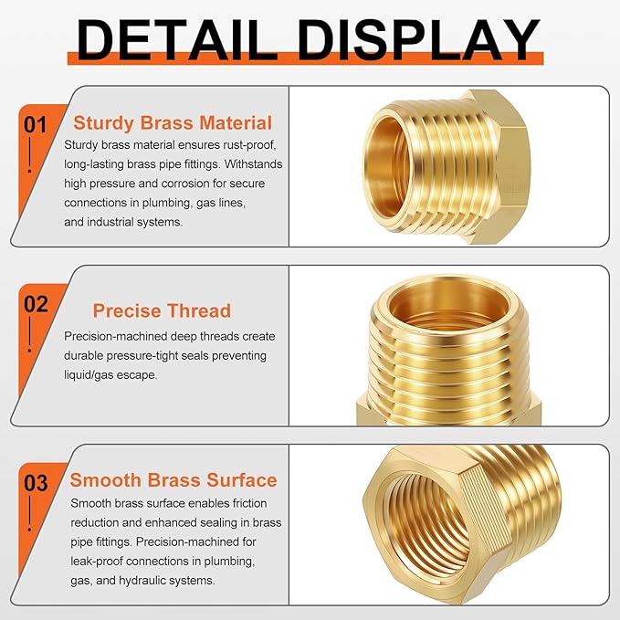 3 Pack Male to FeMale Adapters, 1/2" Male NPT x 1/8" FeMale NPT Brass Hex Bushing Reducer for Industrial, Automotive, Fluid Transfer, Home Gardening, Water Treatment
