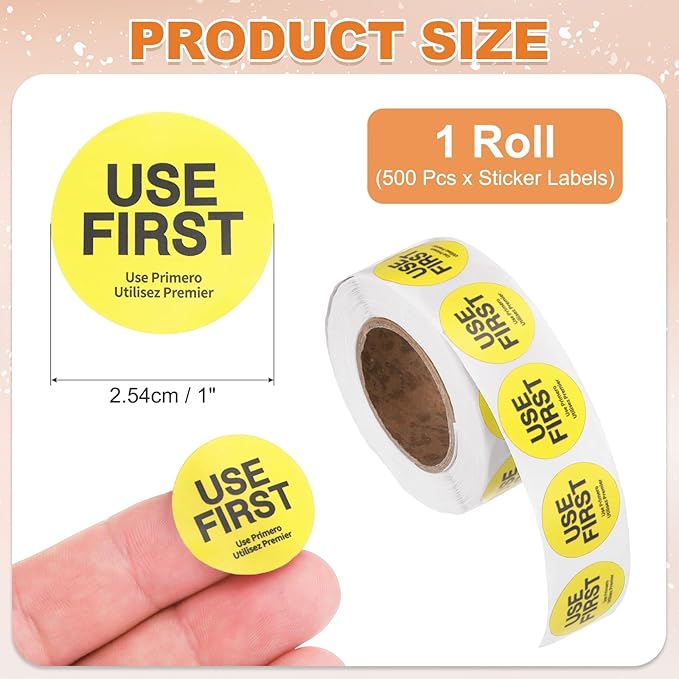 PATIKIL 500 Pcs USE First Stickers, 1 inch Round Use First Stickers Food Service Circle Inventory Control Adhesive Labels for Food Service Kitchen Restaurants Retail Storage Date, Yellow