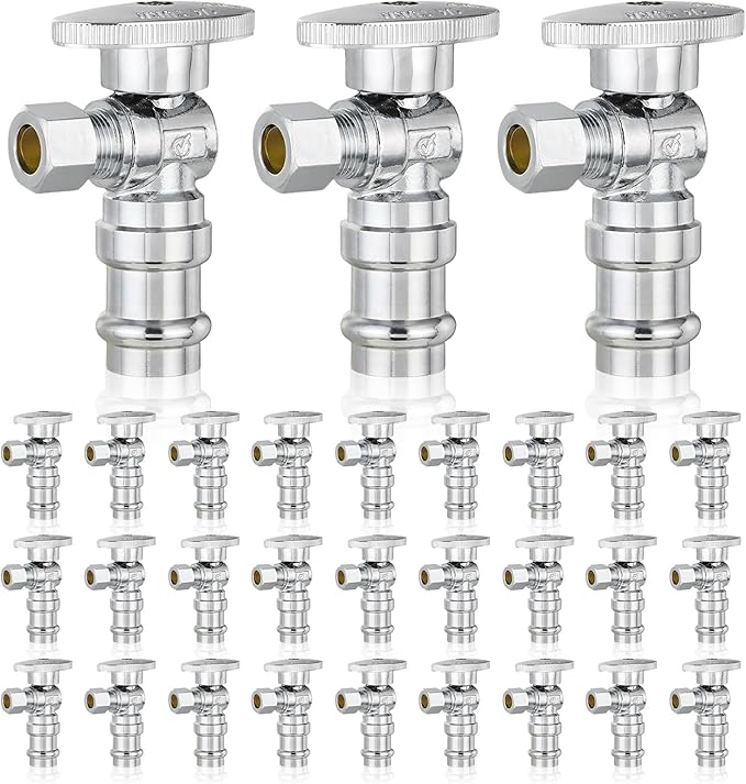 30-Pack GUOFIS Angle Stop Valve,1/2" Nominal Press Inlet x 3/8" OD Compression Outlet,1/4-Turn Shut-off Valve for Potable Water(Chrome Plated)(VALVE393-30Pack)