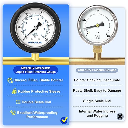 MEANLIN MEASURE 0~100Psi Stainless Steel 1/4" NPT 2.5" FACE DIAL,Liquid Filled Pressure Gauge, Center Back Mount (with Rubber Protective Sleeve), with 1/2" NPT and 3/8" NPT Hex Bushing