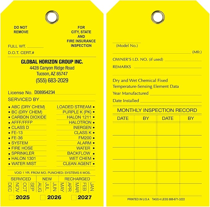 Tags 4 Less Custom Fire Extinguisher Tags – Preventative Maintenance Labels for Monthly Inspections, Alternative to Safety Sticker for Easy Record-Keeping – Pack of 100 (Yellow, Vinyl Plastic)