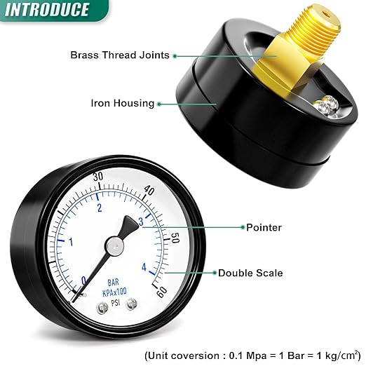 0-60psi Well Pump Pressure Gauge 1/4" NPT 2" Face Dial Size Back Mount, Multifunctional Practical Dry Pressure Gauge, for Water, Oil and Air Compressor