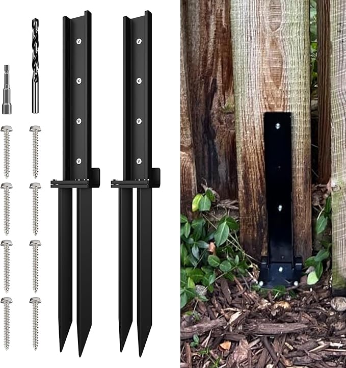 Thickened Fence Post Repair Anchor Kit, Heavy Duty Steel Fence Post Repair Stakes, Repair Tilted and Broken Wooden Posts, Double-Tube Style(2Pack/Black)