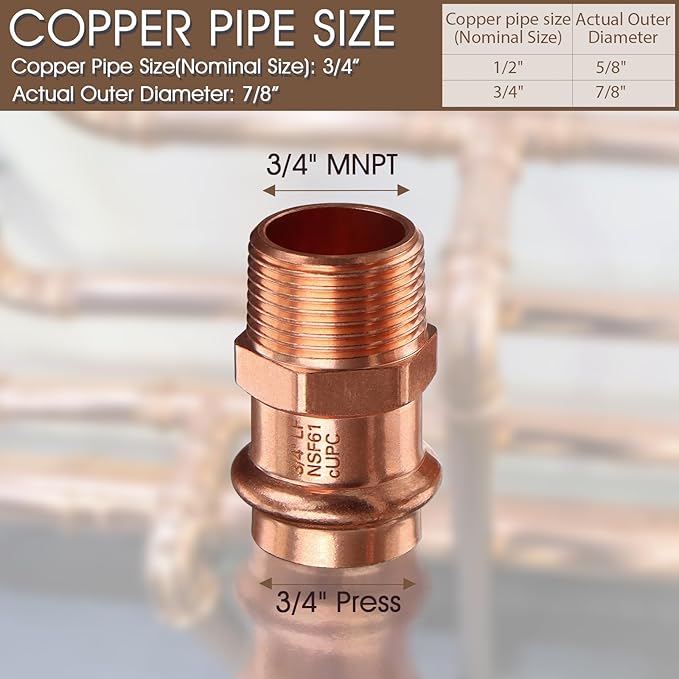 Copper Press Fittings Adapter,12PCS Plumbing 3/4” Press Fittings x 3/4” Male NPT Copper Press Male Adapter Pressure Coppers Fitting, 3/4” Male NPT x 3/4” Press LF Coppers Press Adapter Fittings
