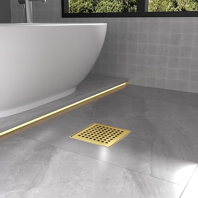 4 Inch Square Shower Drain | Brushed Gold Shower Drain with Flange, Hair Strainer & Removable Grid Cover, AISI 304 Stainless Steel Shower Floor Drain, in Bathroom, Kitchen, Balcony etc