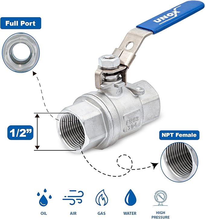 UNOX 1/2" NPT Full Port Ball Valve Two-Piece Body Design, Female Stainless Steel AISI304 Heavy Duty for Water Oil Gas Valve - 1000WOG Steam Ball Valve with Blue Locking Handles