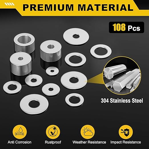 108Pcs 304 Stainless Steel Flat Washers, Fender Washers Assortment Kit 12 Sizes (M3-M12) Metal Washers for Screws Bolts Large and Small Hardware for Various Home Industrial Automotive