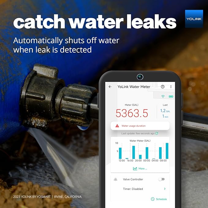 YoLink FlowSmart NSF Water Meter, Smart Water Usage Monitor and Water Leak Detection: 0.5 Inch Advanced Smart Home Water Meter, Hub Included