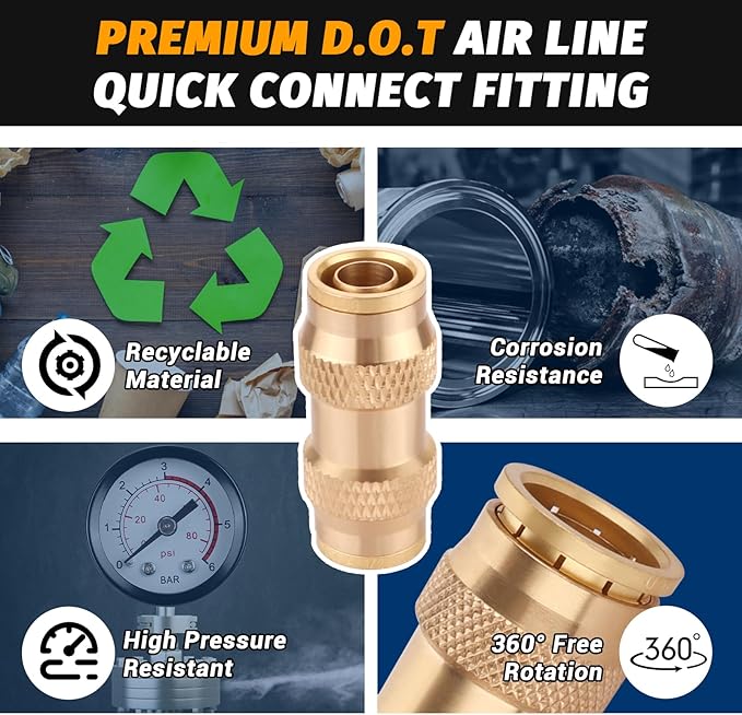 1/2" Air Brake Line Fitting, (Half an inch) DOT Brass Push in Fitting, Push to Connect Union Fittings Air Brake Union 1/2" Tube OD for Trucks Trailers andIndustrial Use (4 Pack)