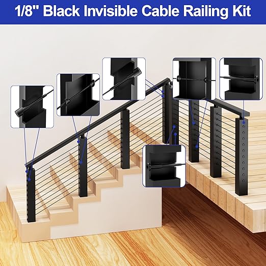 BLIKA 30 Pack 1/8" Black Stainless Steel Invisible Receiver and Swage Stud End for Cable Railing, Deck Stair Threaded End Fitting for Wood & Metal Post, Black Cable Railing Hardware