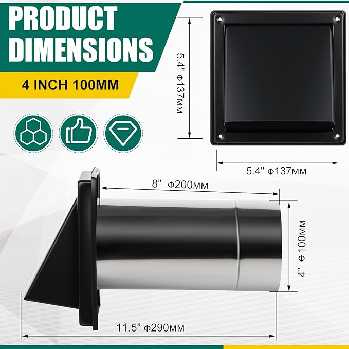 Gisafai 4" Outside Dryer Vent Cover for Exterior Walls Exhaust Vent Cap with Removable Extension Pipe Stainless Steel Hood Cushioned Non Return Flap with Sealing Gasket Grille Screen