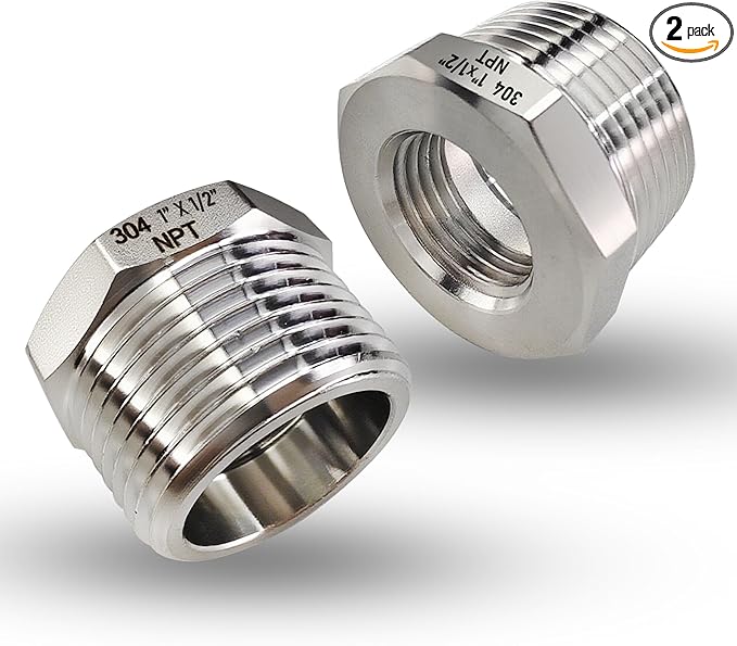 2 Pcs 304 Stainless Steel 1" Male to 1/2" Female Reducer Bushing, 1 Inch MNPT to 1/2 Inch FNPT Pipe Fitting Reducing Adapter Tube Connector Convert (1" Male x 1/2" Female)