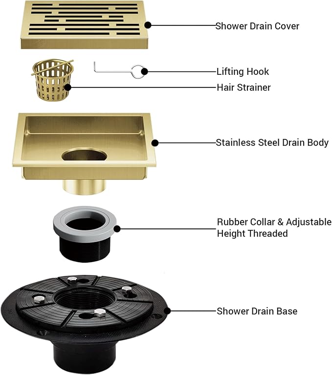 4 Inch Square Shower Floor Drain, Shower Drain Kit with Flange, Square Shower Drain, SUS 304 Stainless Steel Floor Drain,Brushed Gold